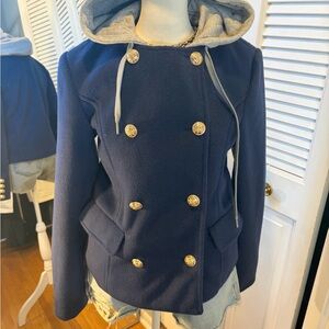Anthropologie Navy Pea Coat with Gold Buttons